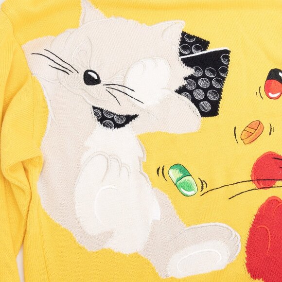 Vintage Iceberg Cat Sweater Yellow Knit Jumper Italy Cartoon Graphic Rave Party - Picture 7 of 12
